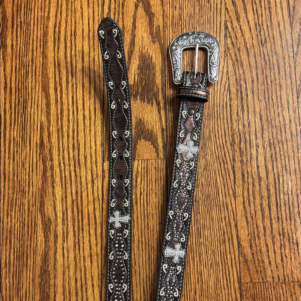 Ariat Brown Leather Belt Studded, Rhinestones, Cream Stitching & Silver Buckle
